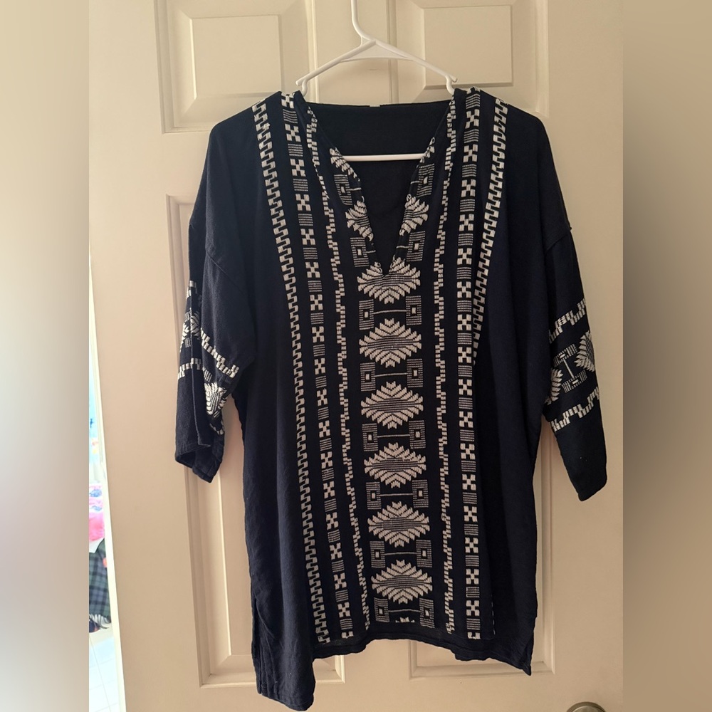 Navy and White Embroidered Women's Top